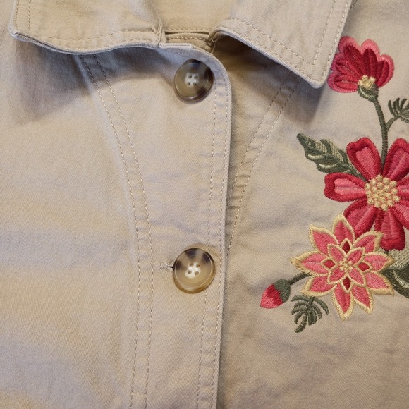 Appleseed's Long Sleeve Button Down Blazer Size Petite Medium Pink Floral Khaki - Picture 10 of 14